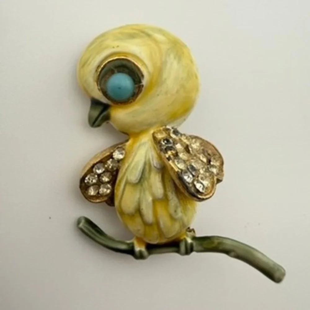 HAR Vintage Enamel Rhinestone Bird Brooch Turquoise Eye Yellow Chick Figural Pin